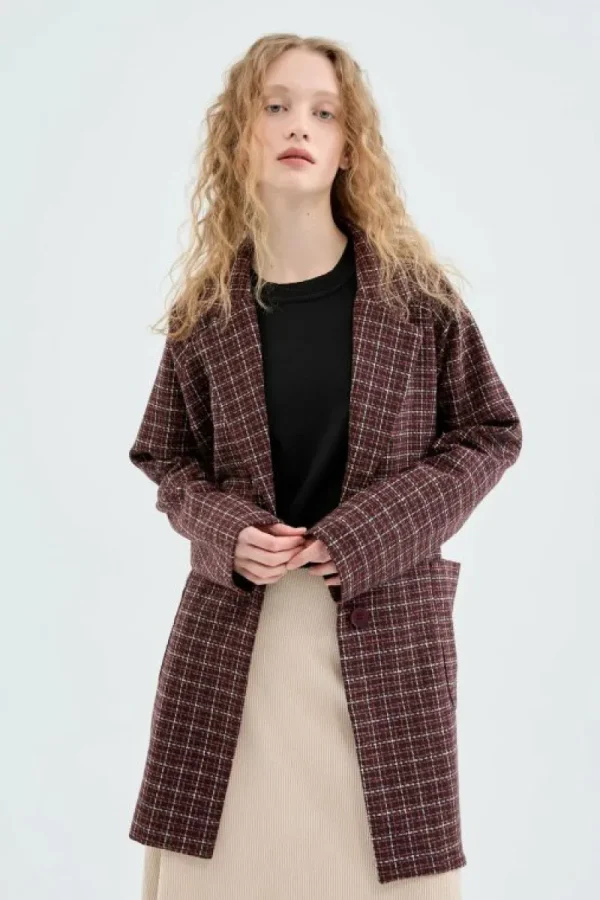 Abrigo midi de franela con estampado de cuadros granates-COMPAÑIAFANTASTICA Best