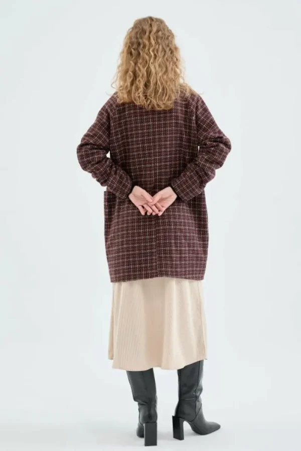 Abrigo midi de franela con estampado de cuadros granates-COMPAÑIAFANTASTICA Best