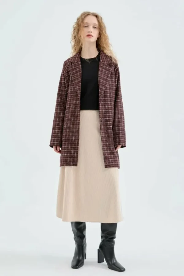 Abrigo midi de franela con estampado de cuadros granates-COMPAÑIAFANTASTICA Best