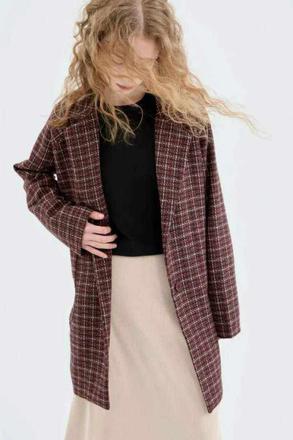 Abrigo midi de franela con estampado de cuadros granates-COMPAÑIAFANTASTICA Best