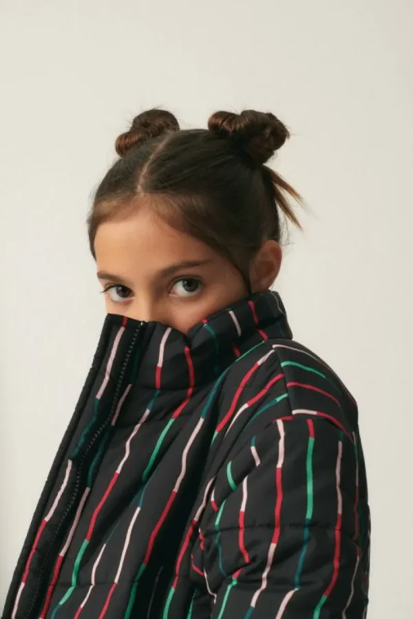 Abrigo unisex plumífero corto con estampado de rayas negro-MINI Clearance