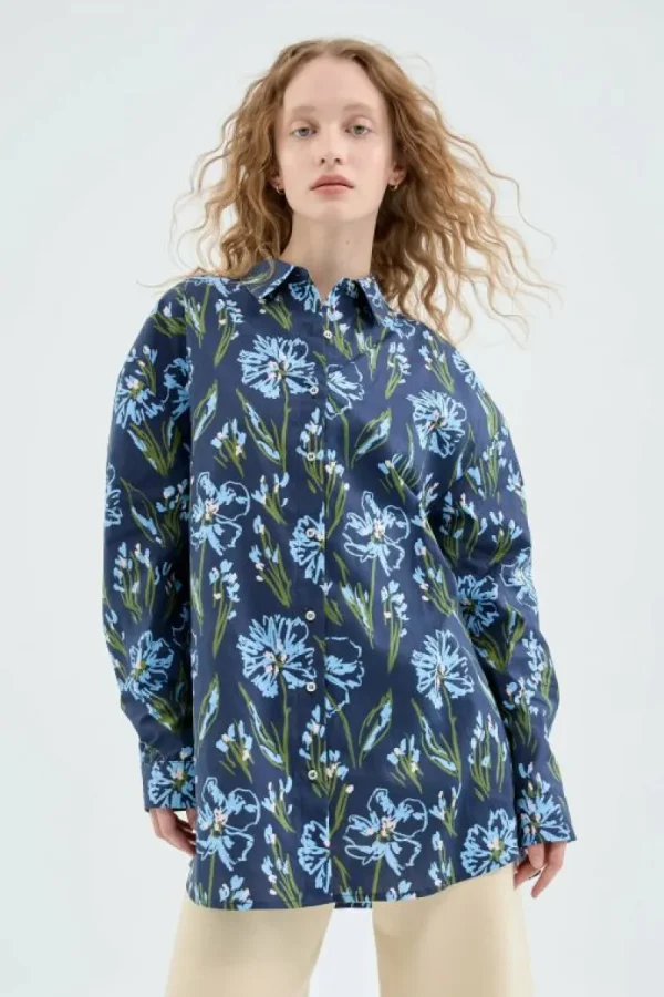 Camisa oversize de popelín con estampado floral azul-COMPAÑIAFANTASTICA Hot