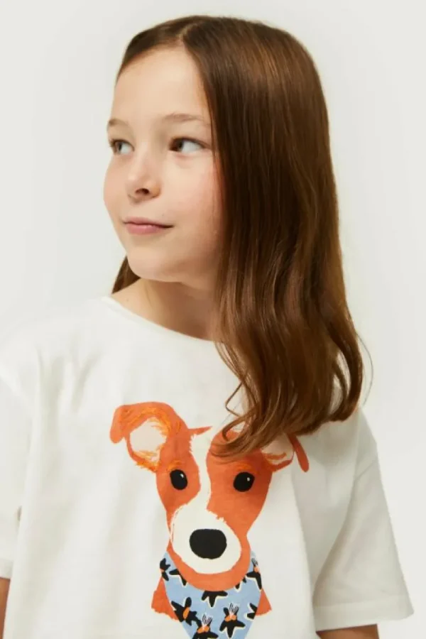 Camiseta de niña con print de perro estampado floral Calatea azul-MINI Store