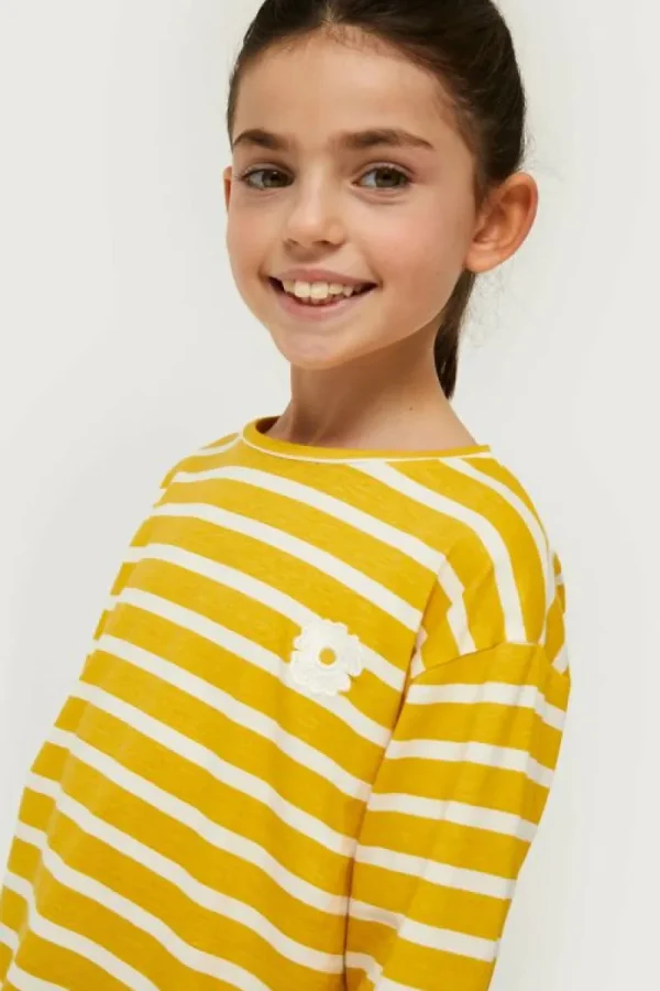 Camiseta de niña rayas parche de flor amarilla-MINI Shop