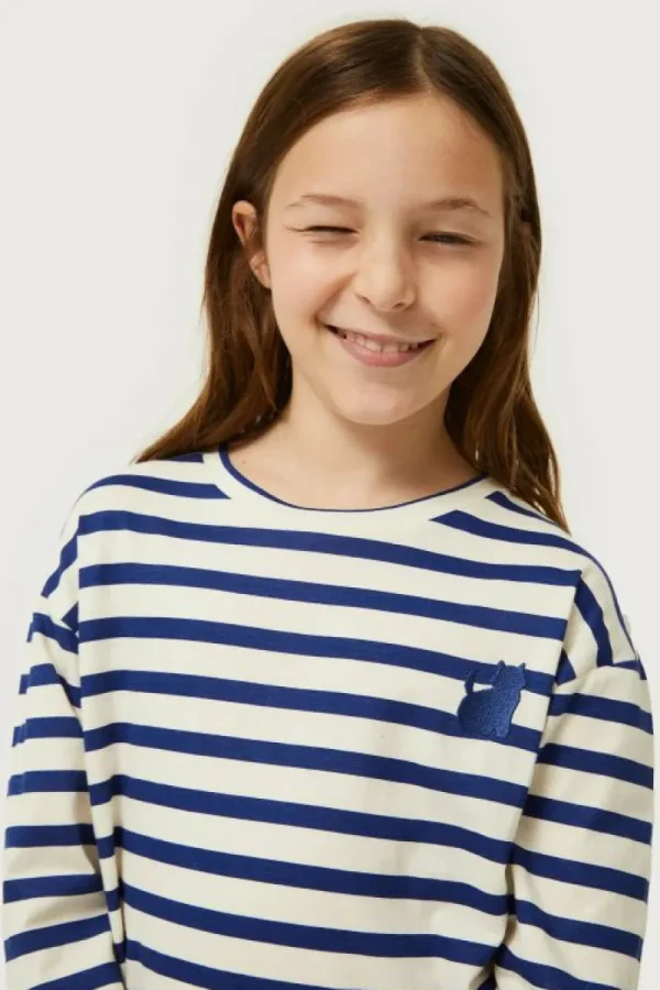 Camiseta de niña rayas parche de gato-MINI Fashion