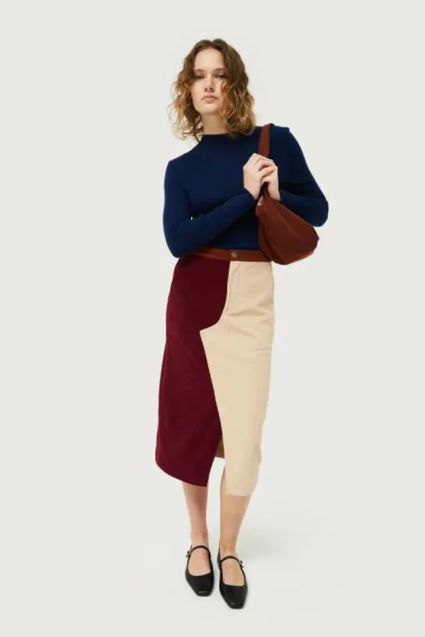 Falda midi de pana burdeos y blanca-COMPAÑIAFANTASTICA Shop