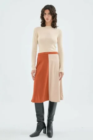 Falda midi de pana de tiro alto bicolor beige-COMPAÑIAFANTASTICA Best Sale