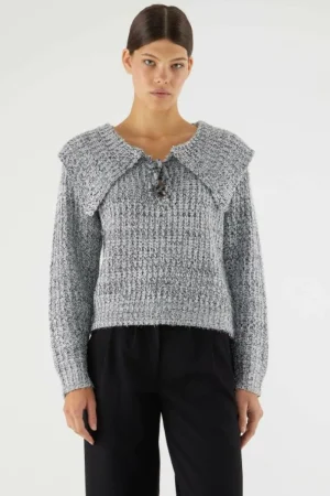Jersey de punto brillante con cuello solapa gris-COMPAÑIAFANTASTICA Discount
