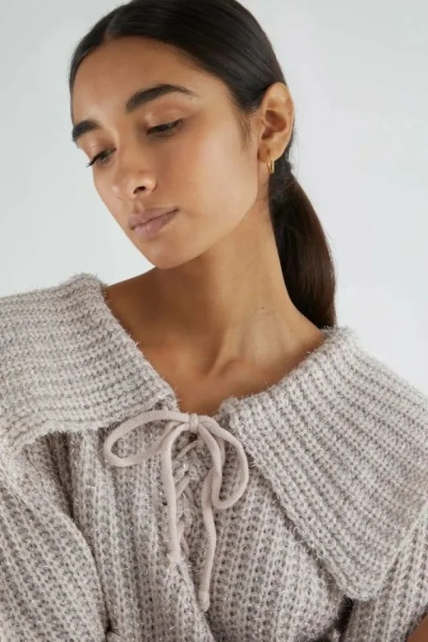 Jersey de punto brillante con cuello solapa rosa-COMPAÑIAFANTASTICA Clearance