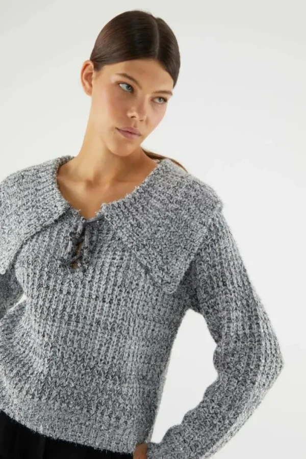 Jersey de punto brillante con cuello solapa gris-COMPAÑIAFANTASTICA Discount