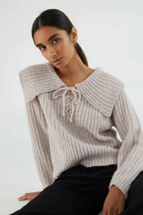 Jersey de punto brillante con cuello solapa rosa-COMPAÑIAFANTASTICA Clearance