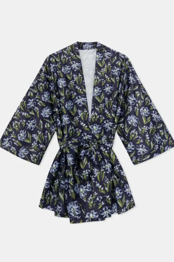 Kimono con cinturón y estampado floral azul-COMPAÑIAFANTASTICA Outlet