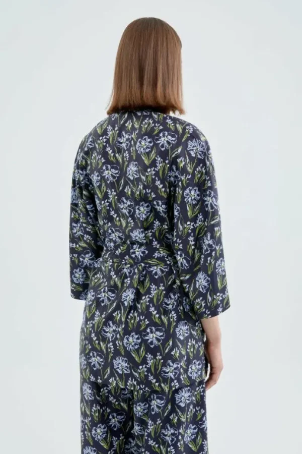 Kimono con cinturón y estampado floral azul-COMPAÑIAFANTASTICA Outlet