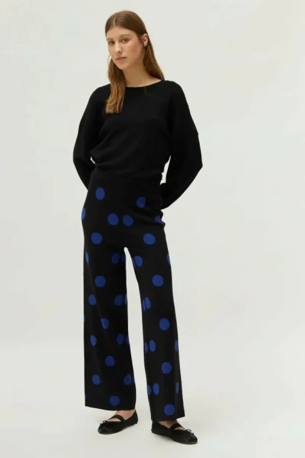Pantalón de punto jacquard estampado de lunares azules-COMPAÑIAFANTASTICA Online
