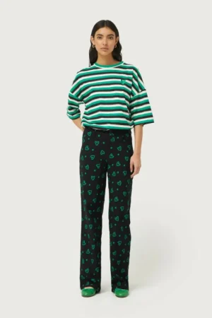 Pantalón recto con estampado de corazones verdes-COMPAÑIAFANTASTICA Clearance