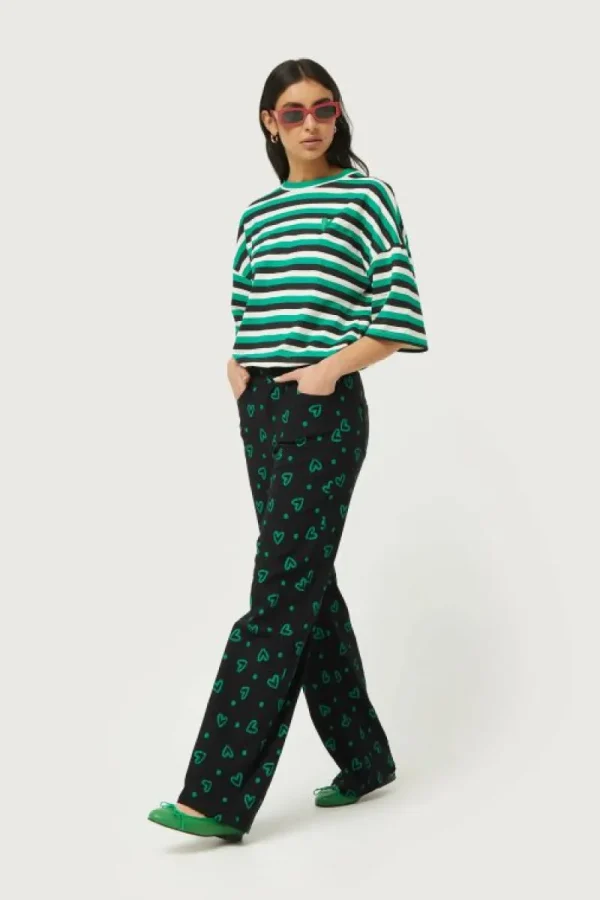 Pantalón recto con estampado de corazones verdes-COMPAÑIAFANTASTICA Clearance