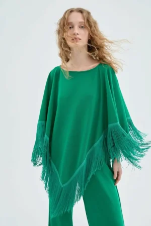 Poncho con flecos verde-COMPAÑIAFANTASTICA Hot