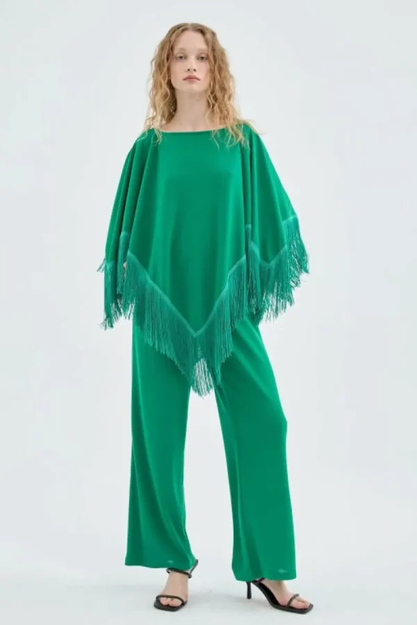 Poncho con flecos verde-COMPAÑIAFANTASTICA Hot