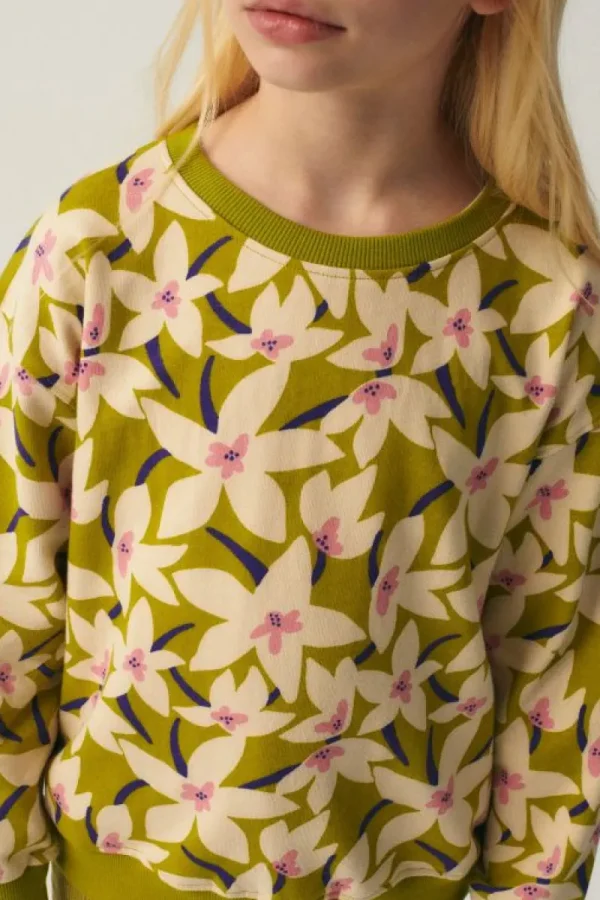 Sudadera unisex de felpa con estampado floral verde-MINI Online