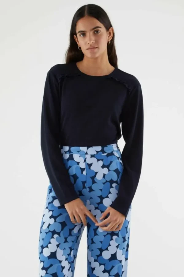 Top básico de manga larga con volantes azul-COMPAÑIAFANTASTICA Flash Sale