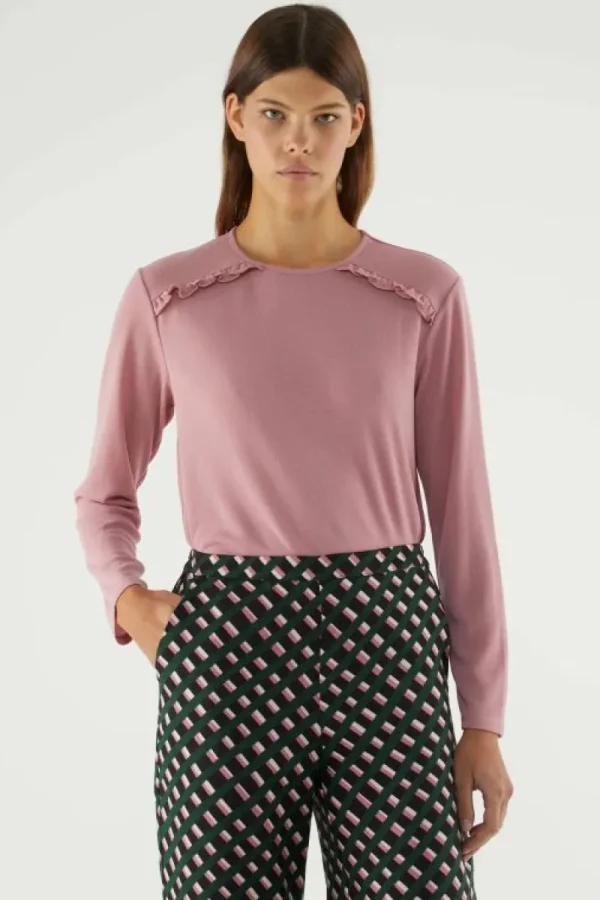 Top básico de manga larga con volantes rosa-COMPAÑIAFANTASTICA Best Sale