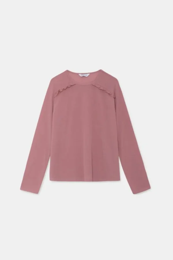 Top básico de manga larga con volantes rosa-COMPAÑIAFANTASTICA Best Sale