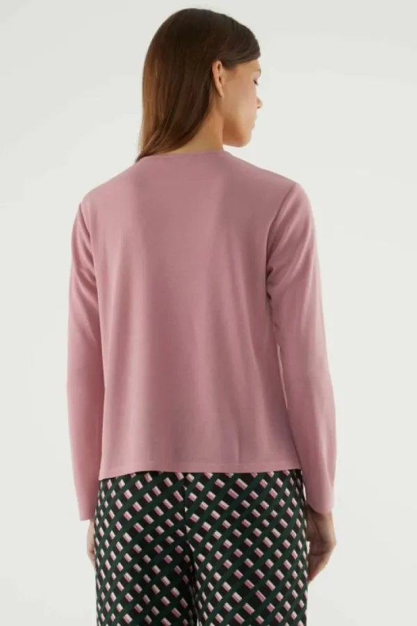 Top básico de manga larga con volantes rosa-COMPAÑIAFANTASTICA Best Sale