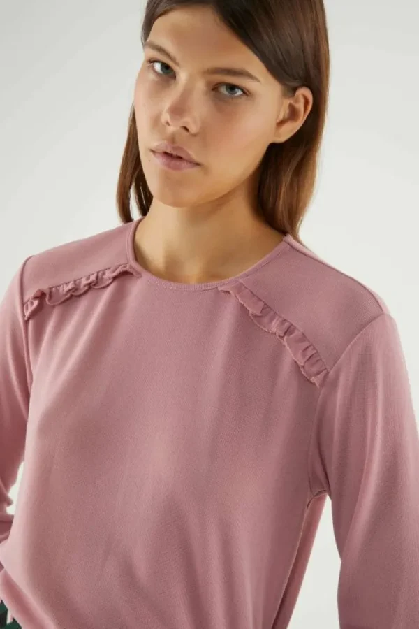 Top básico de manga larga con volantes rosa-COMPAÑIAFANTASTICA Best Sale