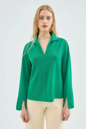 Top de manga larga con cuello solapa verde-COMPAÑIAFANTASTICA Discount
