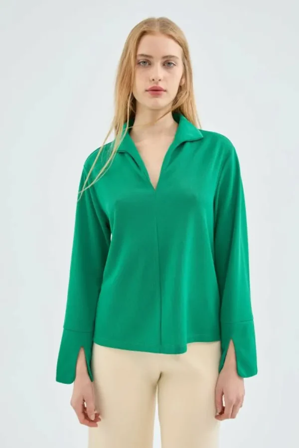 Top de manga larga con cuello solapa verde-COMPAÑIAFANTASTICA Discount