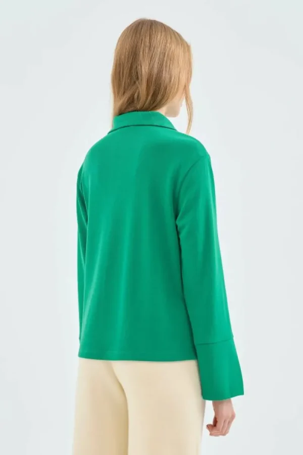 Top de manga larga con cuello solapa verde-COMPAÑIAFANTASTICA Discount