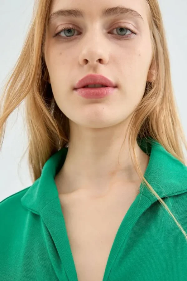 Top de manga larga con cuello solapa verde-COMPAÑIAFANTASTICA Discount