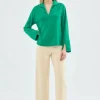Top de manga larga con cuello solapa verde-COMPAÑIAFANTASTICA Discount