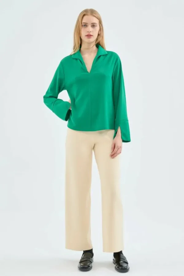 Top de manga larga con cuello solapa verde-COMPAÑIAFANTASTICA Discount