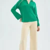 Top de manga larga con cuello solapa verde-COMPAÑIAFANTASTICA Discount