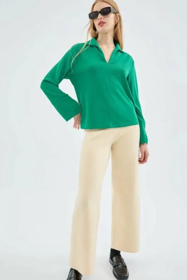 Top de manga larga con cuello solapa verde-COMPAÑIAFANTASTICA Discount