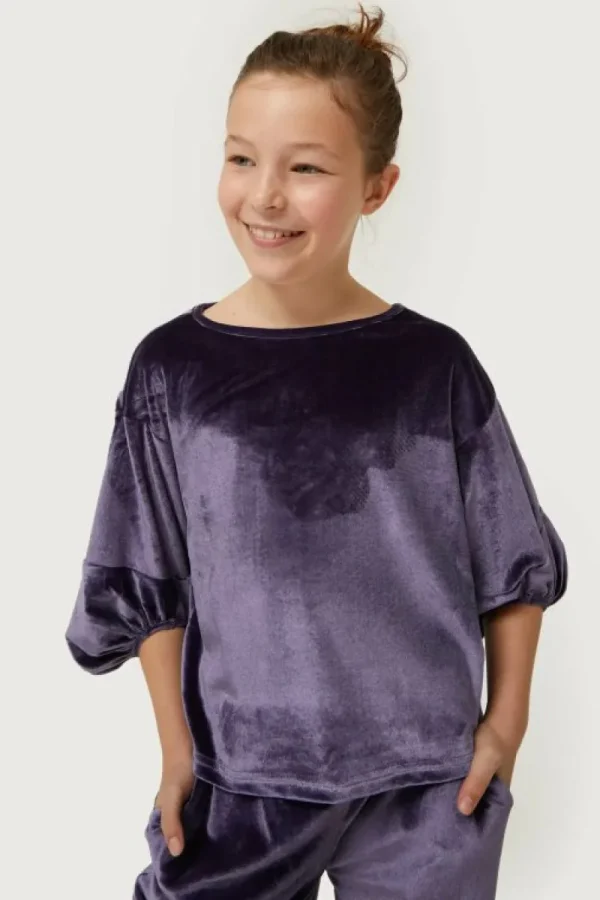 Top de niña de terciopelo manga abullonada morado-MINI Best Sale