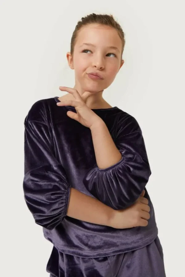 Top de niña de terciopelo manga abullonada morado-MINI Best Sale