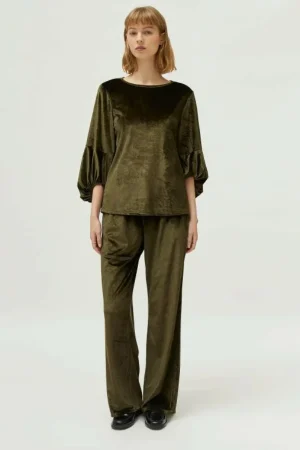 Top de terciopelo manga abullonada verde-COMPAÑIAFANTASTICA Discount