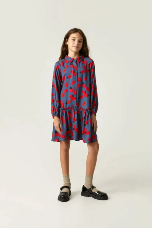 Vestido camisero de niña con estampado floral rojo-MINI Online