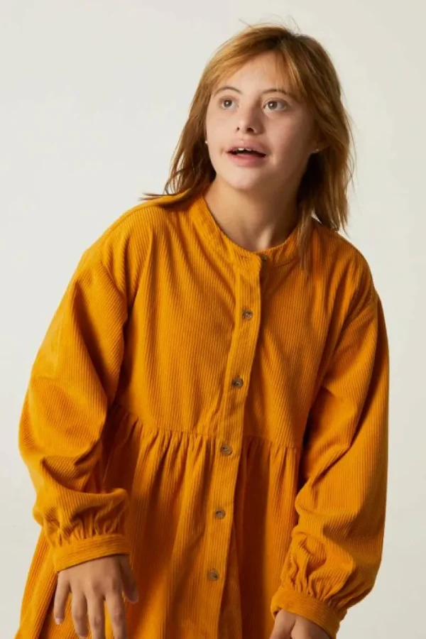 Vestido camisero de niña corto de pana amarillo-MINI Fashion