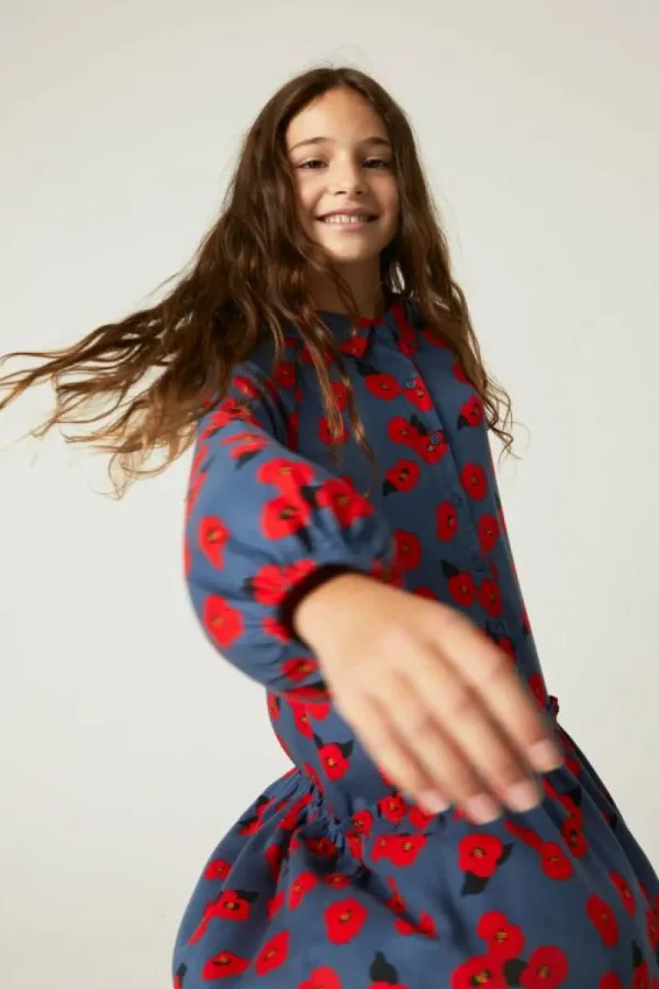 Vestido camisero de niña con estampado floral rojo-MINI Online
