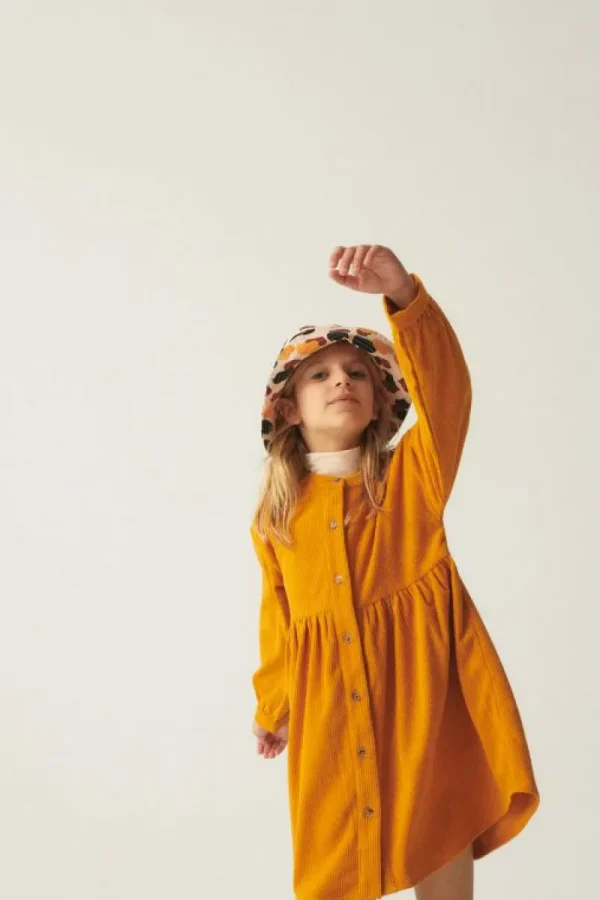 Vestido camisero de niña corto de pana amarillo-MINI Fashion