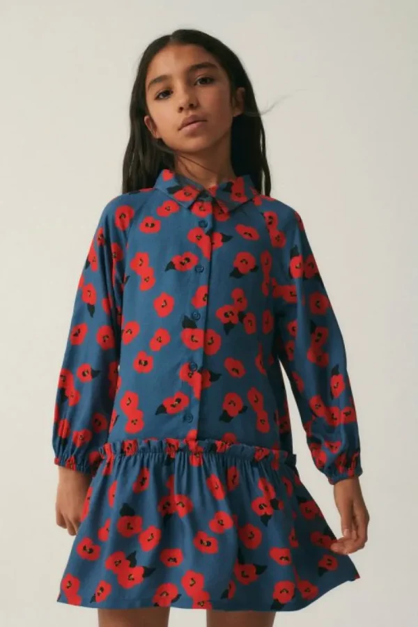 Vestido camisero de niña con estampado floral rojo-MINI Online