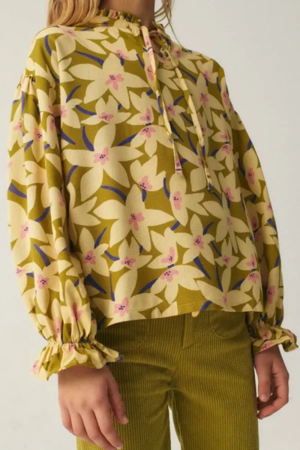 Vestido corto camisero de niña con estampado floral verde-MINI Fashion