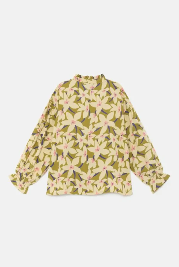 Vestido corto camisero de niña con estampado floral verde-MINI Fashion