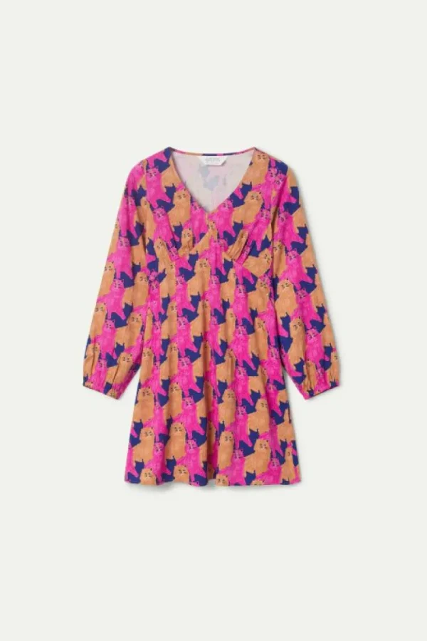 Vestido corto con estampado de gatos-COMPAÑIAFANTASTICA Clearance