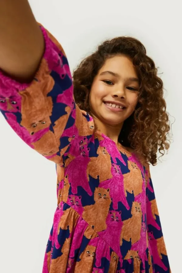 Vestido corto de niña con estampado de gatos-MINI Clearance