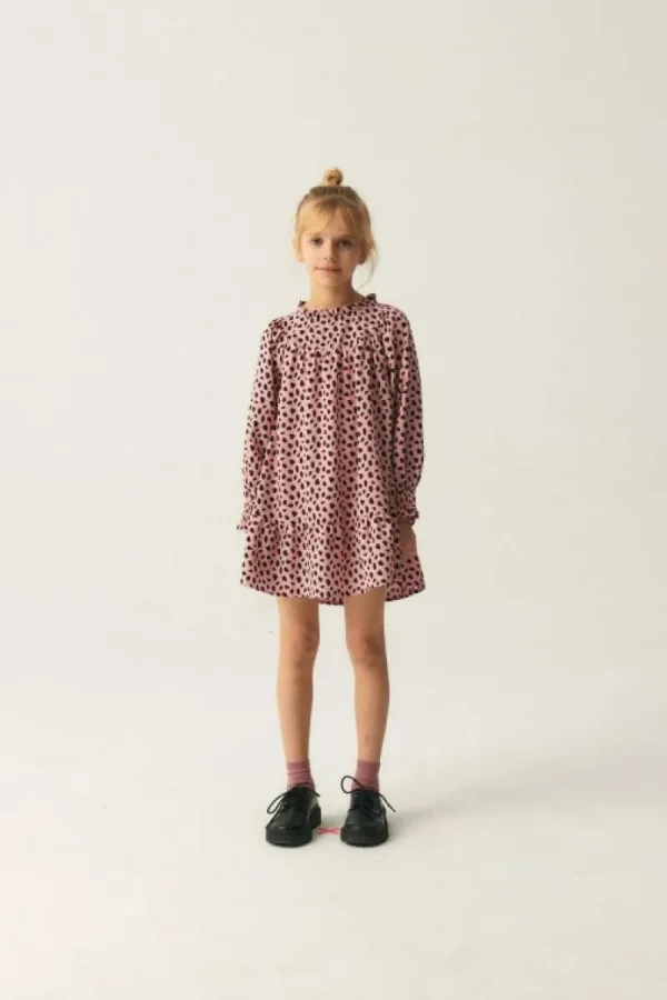 Vestido corto de niña con volantes y estampado de lunares rosa-MINI Outlet
