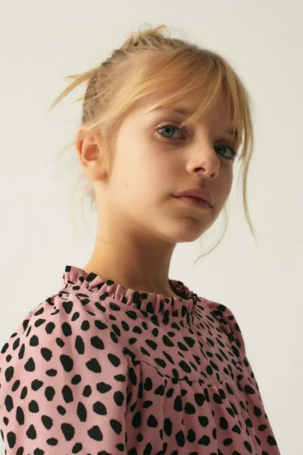 Vestido corto de niña con volantes y estampado de lunares rosa-MINI Outlet